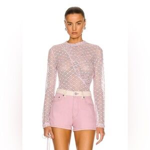 Ganni Sheer Floral Lace top powder pink asymmetric ruched  mock neck Sz. M NWOT